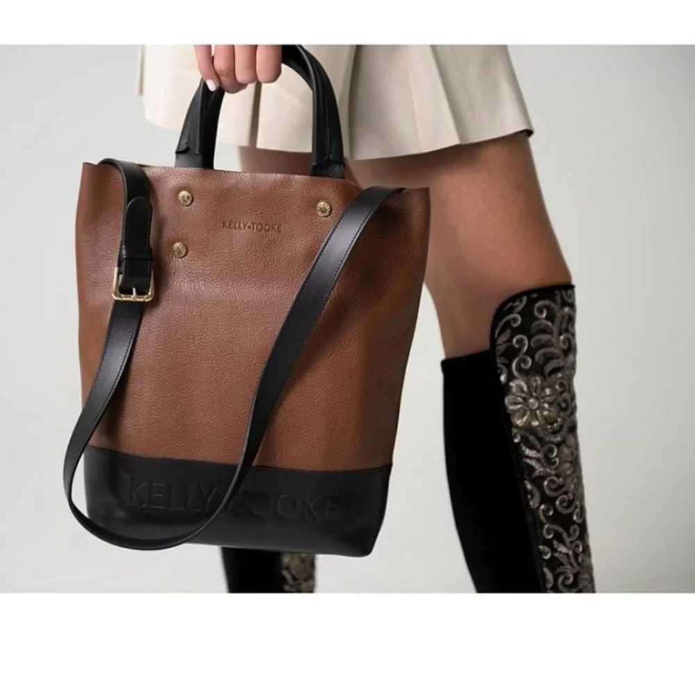 Brown and Dark Brown Leather Tote Satchel - Picture 3 of 6